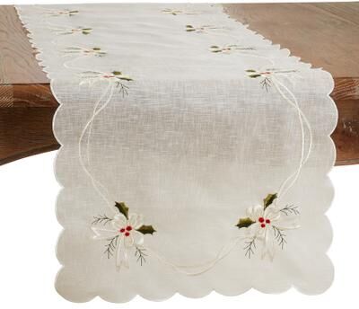 Saro Lifestyle Embroidered Table Runner With Holly and Ribbon Design