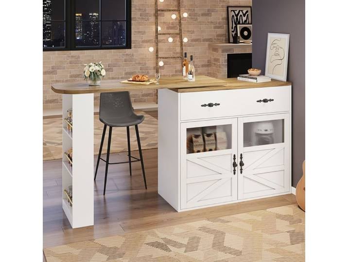 Buffet de cuisine - SOGEU - Buffet extensible - Plateau pivotant 360° - Extensible 138-204 cm - Tiroir & étagères