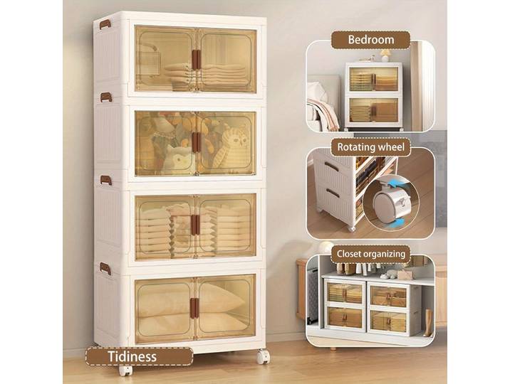 Armoire de rangement pliante à 4 couches de 55 cm de large, avec pneus, mouvement libre, armoire pliante en plastique polyvalente pliante, 111x55x26 cm.