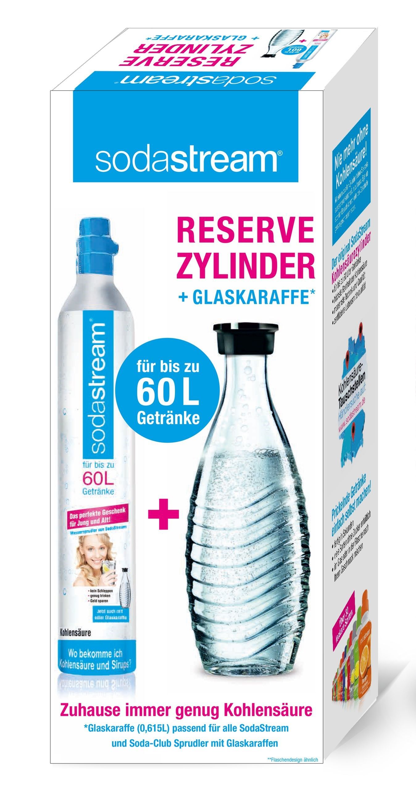 SodaStream Glas, Kunststoff, Edelstahl Karbonisiererflasche + Karbonisierer-Ladegerät 1100065490 Reserve-Zylinder 60l + Glaskaraffe