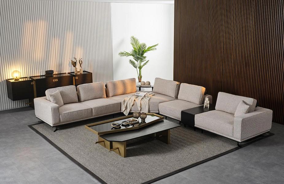 Beiges Ecksofa L-Form, 8-teilig, Modern, Mit Kissen, Couchtische