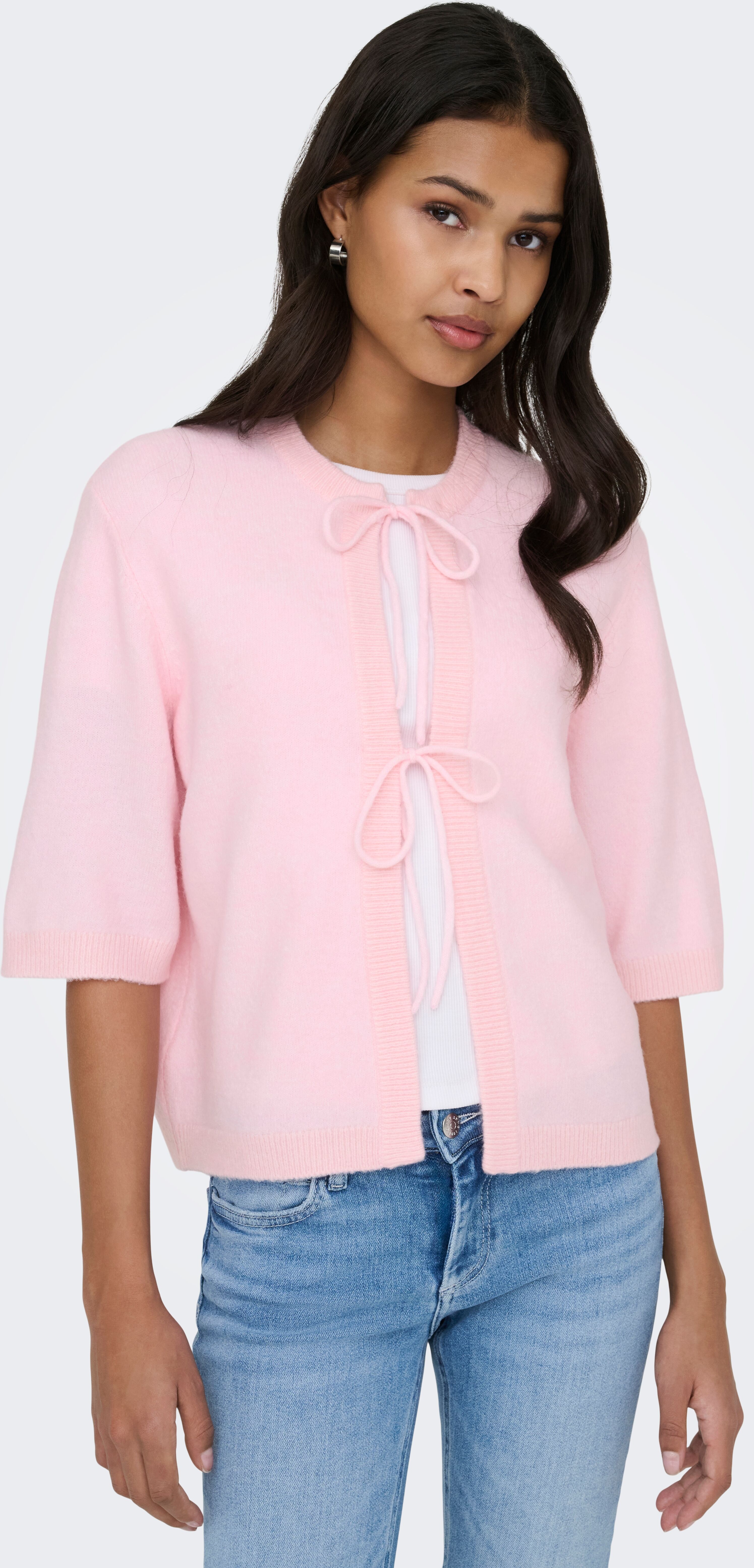Strickjacke ONLY "ONLSIMONI 2/4 BOW CARDIGAN KNT NOOS", Damen, Gr. S, rosa (potpourri), Strick, Obermaterial: 74% Polyacryl, 24% Polyester, 2% Elasthan, meliert, unifarben, relaxed fit normal, Rundhals, Strickjacken Strickjacke
