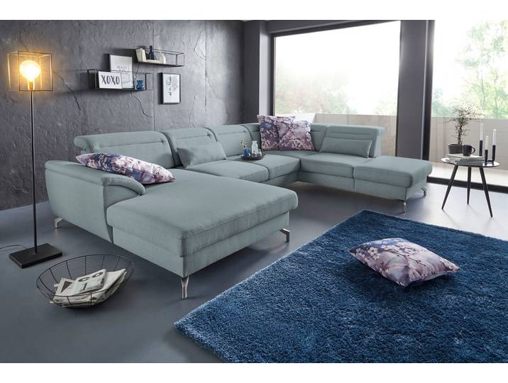 Wohnlandschaft, Feinstruktur, Blau (Aqua) 343×235 cm, Sitztiefenverstellung, Recamiere Links, Sit&More