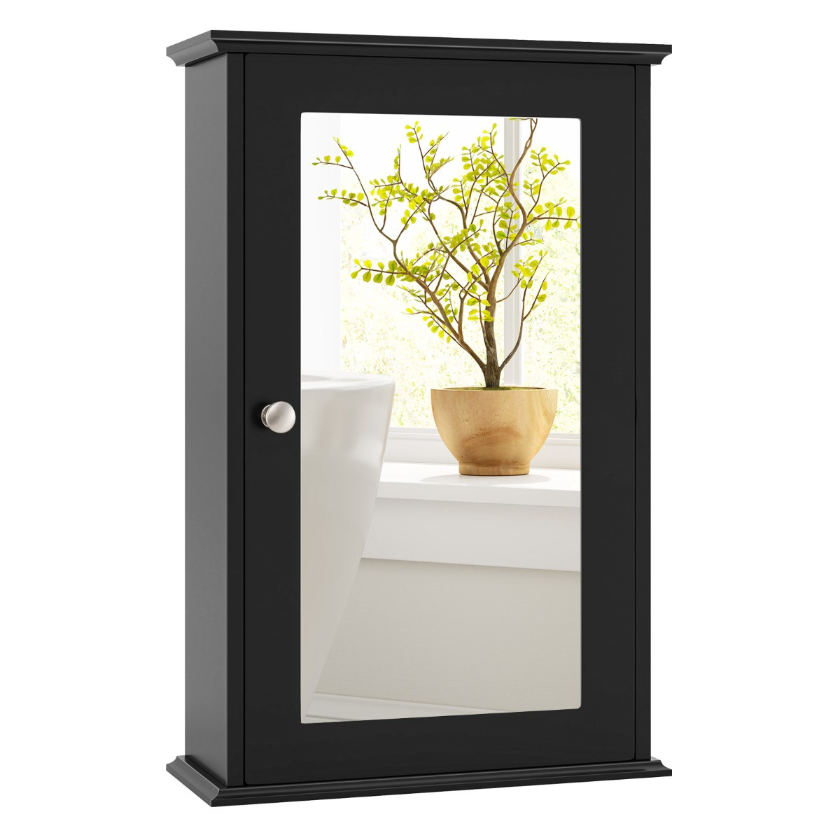 Costway Badkamerkast met Spiegel en Omkeerbare Deur, Zwart Wandkast voor Badkamer, Woonkamer of Hal