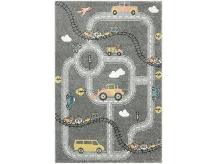 AKCILA Lima Kinderteppich Grau Creme mit Straßen, Zügen und Autos 240x330cm Kinderteppich für Kinderzimmer, Verkehrs Design mit Schienen und Flugzeug, Teppich für das Kinderzimmer mit Fußbodenheizung