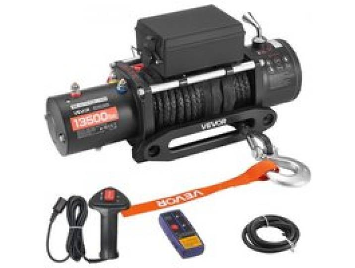 VEVOR Elektrische Seilwinde, 6100 kg, 12 V DC Elektrowinde mit 26 m Synthetikseil, kabellose & kabelgebundene Fernbedienung, IP55, zum Abschleppen von Geländewagen, Jeeps, Anhängern &Booten