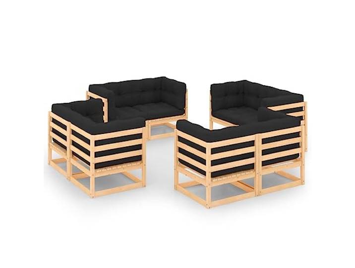 Bois de pin massif avec coussins confortables ensemble 8 pieces anthracite Salon de jardin 8 pcs avec coussins Bois de pin massif Ensemble canapé angle exterieur moderne anthracite