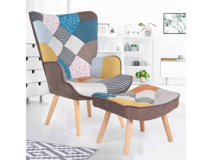 IDMARKET Fauteuil scandinave IVAR avec repose pieds en tissu patchwork multicouleurs