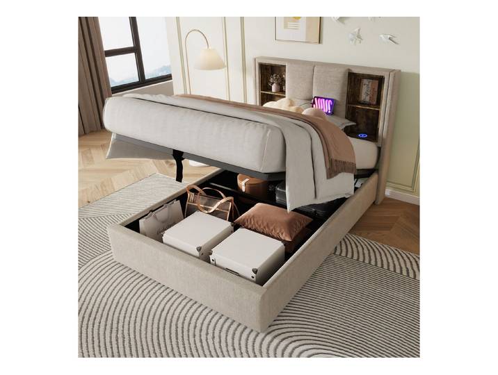 OKWISH Polsterbett Doppelbett kabelloses Laden USB-C Holzrahmen Leinen 90x200 cm (mit Lattenrost, Ohne Matratze), mit Kabellosem Laden USB C, Lattenrost aus Holz-Natürlich Leinen