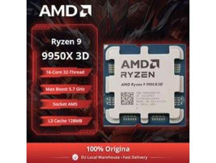 AMD Ryzen 9 9950X3D 16-Core CPU, 5,7 GHz, 144 MB cache, AM5 socket, DDR5, 170 W TDP, R9 9000-serie zonder koeler