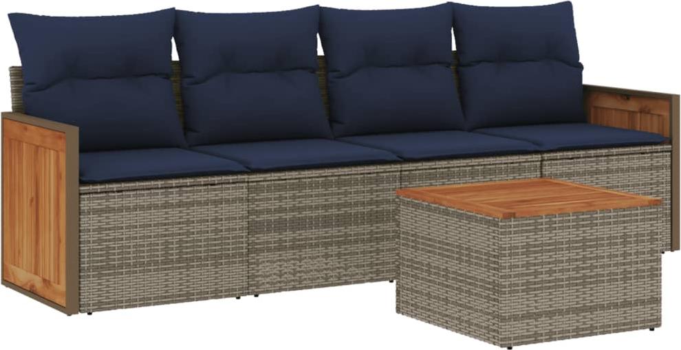 5-teiliges Gartensofa-Set mit Kissen, grau, Polyrattan