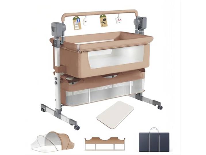 Aveainelle Babybett und Multifunktionales Kinderbett, Faltbare und Umwandelbare Babywiege, Verstellbare Beistellbett, Co-Sleeping Babybett und Rollen (Braun)