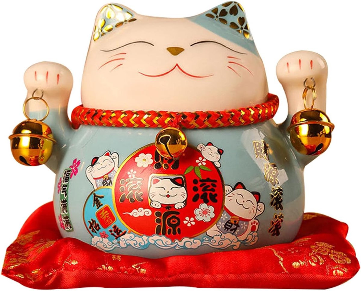 SnelShoppen Ceramic Lucky Cat Waving Statue - Blauw Keramiek Japanse Kat Beeldje voor Thuisdecoratie