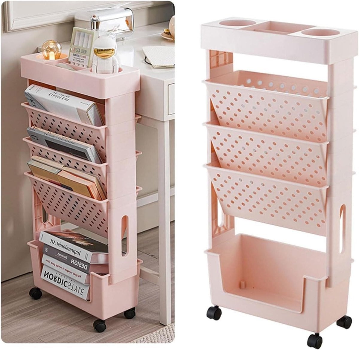 Mobiele Boekenplank Opbergkar met 5 Opberglagen - Roze - Breedte: 37,5 cm