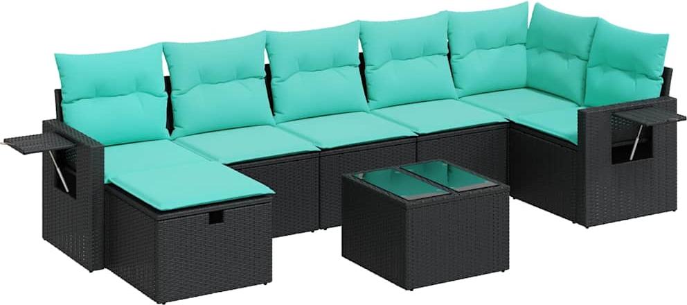 8-teilige Garten-Lounge-Sitzgruppe, Poly Rattan Schwarz, pulverbeschichteter Stahl, mit Stauraum & wasserfestem Beutel, blaue Kissen, UV-beständig