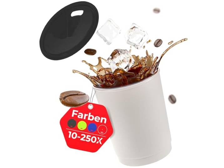 achilles Kaffeebecher mit Deckel, Kunststoffbecher, Mehrwegbecher, Trinkbecher, LFGB geprüft, spülmaschinenfest, stapelbar, 330 ml, Becher grau, Deckel schwarz, 100 Stk.