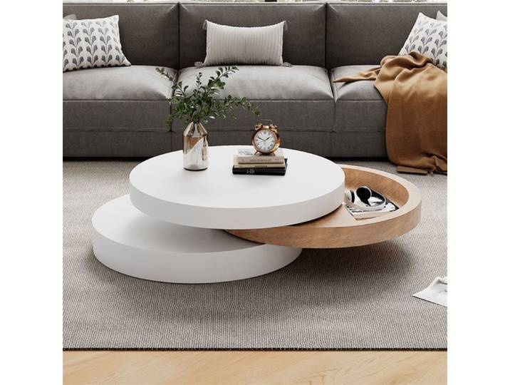 Table Basse Ronde Blanche et Bois Pivotante 360° Table Basse Transformable de Salon 3 Niveaux avec Rangements Saule 60x60x35 1cm