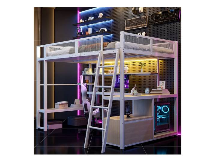 Flieks Hochbett Metallbett Kinderbett 140x200cm mit Schreibtisch, LED, Aufladen, Regal