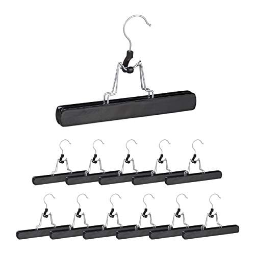 Relaxdays broekhanger van hout met clips en draaibare haak, 12 stuks, zwart en zilver