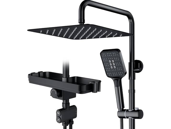 Système de douche noir avec support - Douche pluie carrée 30x30 cm, douchette à main 3 modes, convertisseurs en laiton, ensemble de douche sans robinet