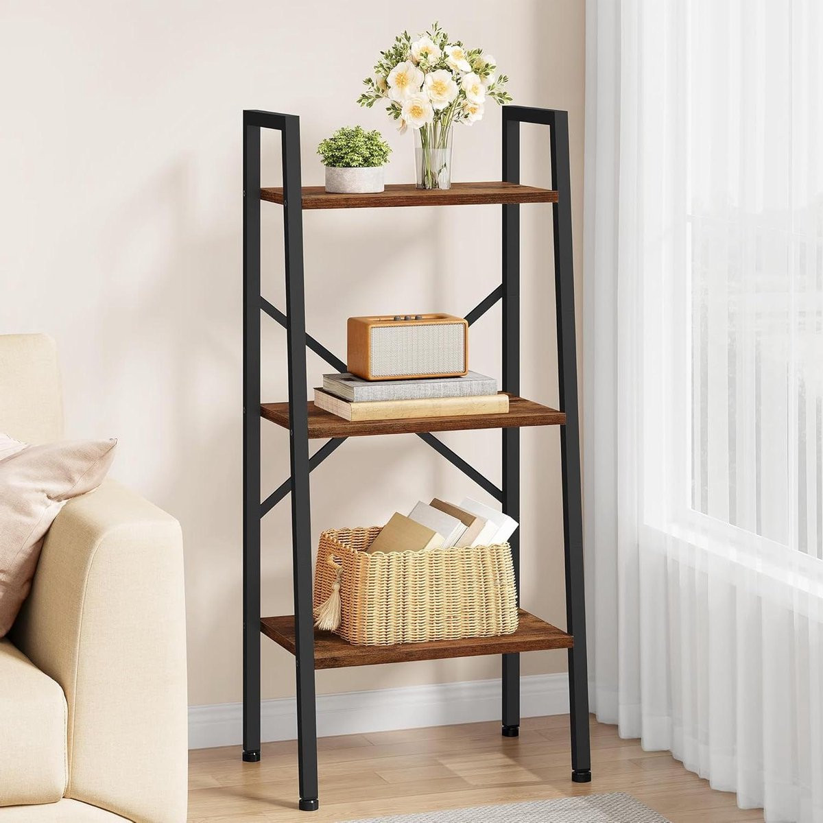 Ladder Boekenplank met 3 lagen in Rustiek Bruin voor in de woonkamer of werkkamer