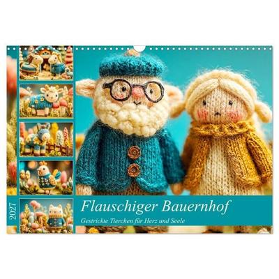 Flauschiger Bauernhof. Gestrickte Tierchen für Herz und Seele (Wandkalender 2027 DIN A3 quer), CALVENDO Monatskalender
