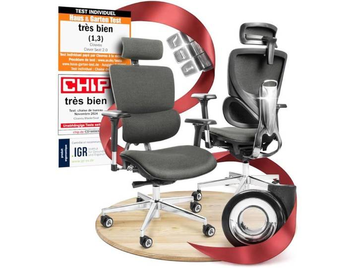 Chaise de bureau ergonomique moderne CLOUVOU - MasterSeat - Fauteuil de bureau - avec roues silencieuses - Max 150 kg - Anthracite