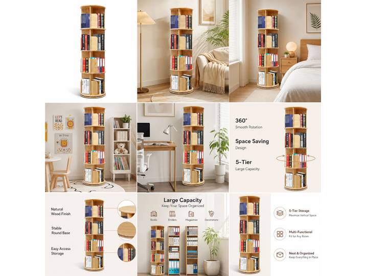 Étagère à livres rotative à 5 niveaux, étagère à livres sur pied, étagère à livres sur pied à 5 niveaux, base ronde en bois de pin, 20 compartiments, 360° ° Présentoir Rotatif Cylindrique pour