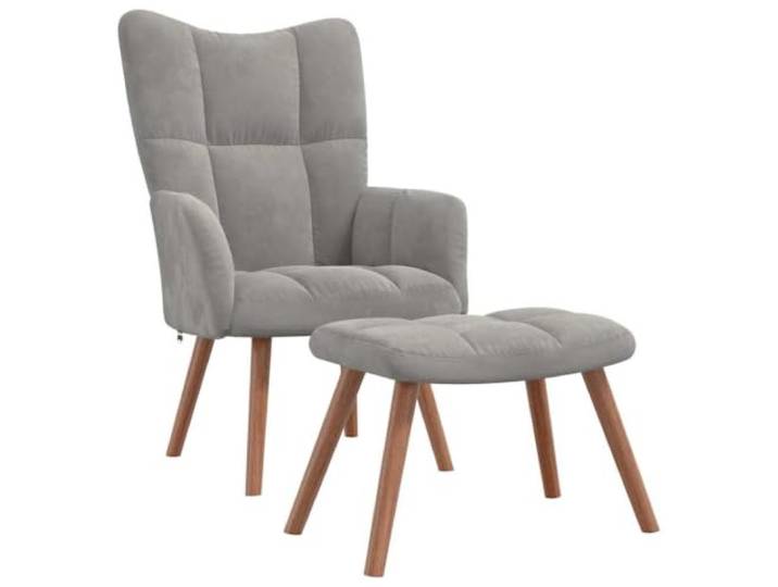 Relaxsessel mit Hocker Hellgrau Samt Stahlrahmen, Holzbeine, quadratische Nähte, Schaumstoff-Polsterung, max. 110 kg pro Sitzplatz