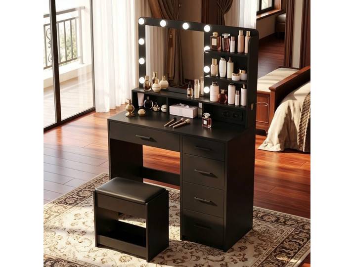Coiffeuse 10 globes LED 3 couleurs miroir grand format prise tabouret support sèche‑cheveux Noir