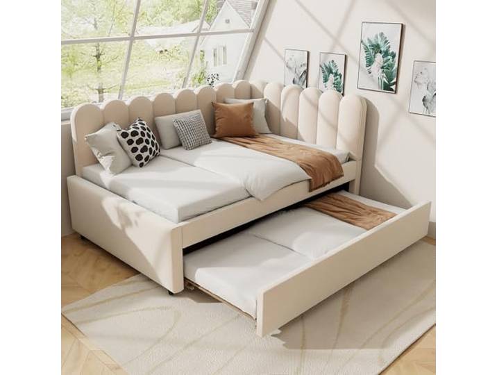 Merax Polsterbett 140x200 cm, Schlafsofa mit Ausziehbett, geblümte Rückenlehne, platzsparend, Elegantes Design, bequem, Samtstoff, Beige (Ohne Matratze)
