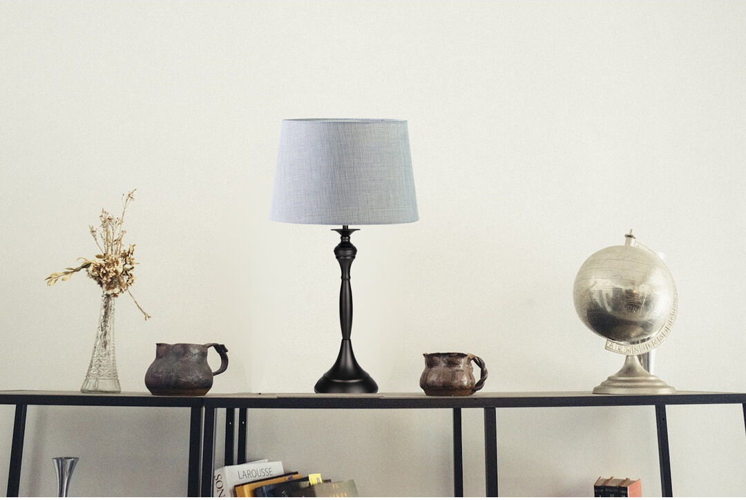 ClassicLiving Antibes Candlestick Style Metal Table Lamp Black/Black Base/Grey Shade 57cm H x 28cm W x 28cm D