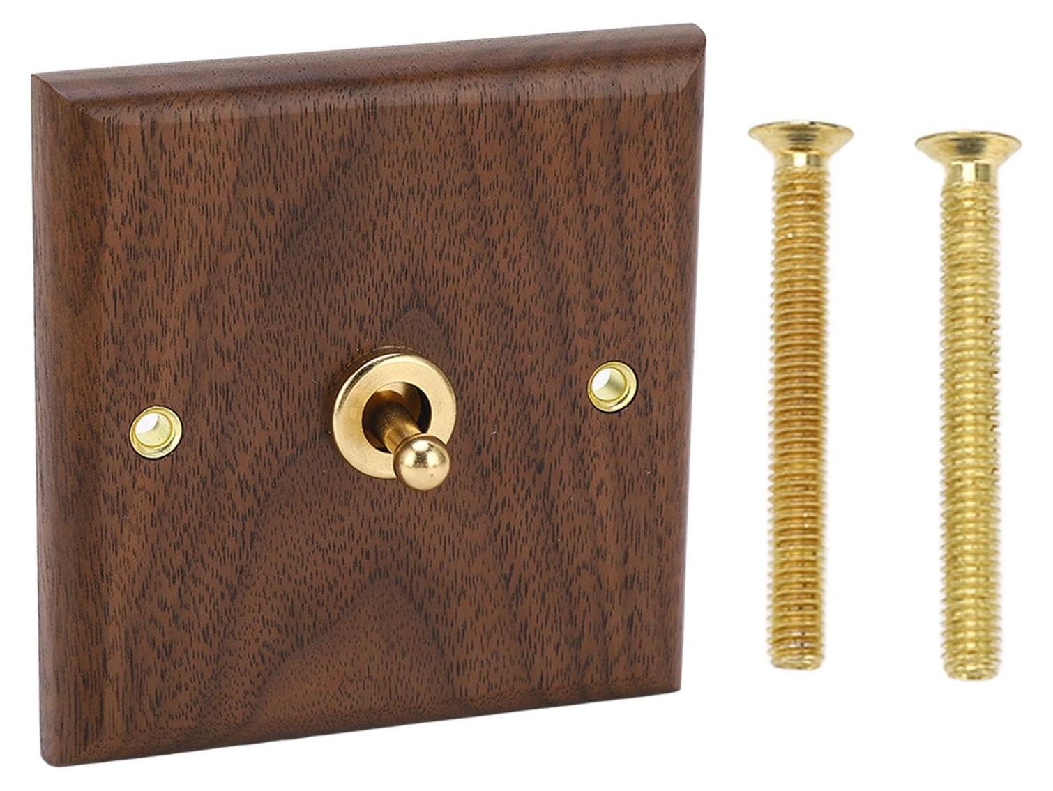Dripio Schakelaar met walnootkleurige wandplaat, handgemaakt, vintage-stijl, 86 x 88 mm