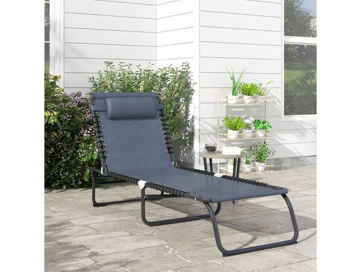 Bain de Soleil transat Pliable Dossier inclinable Multi-Positions Acier thermoplastique Lacets élastiques Noir textilène Gris