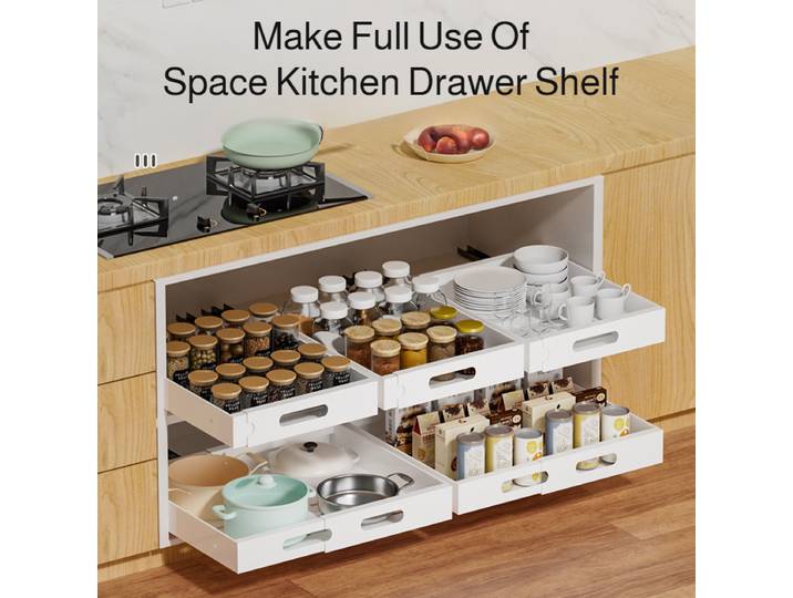 Étagère de rangement coulissante et extensible pour cuisine avec séparateurs pour casseroles/assiettes, étagère de tiroir multifonctionnelle