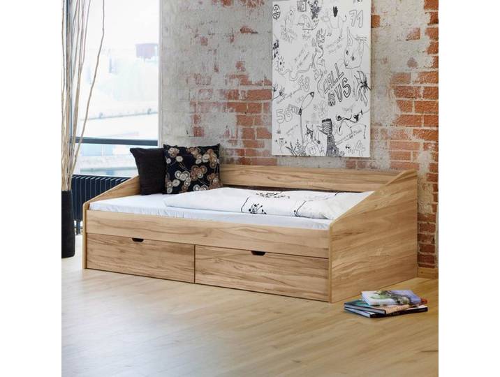 Bett Dänemark Komfort Kiefer/Kernbuche Massivholz mit Schubkasten 90x200 cm 90x200cm Kernbuche Mit Kopfteil