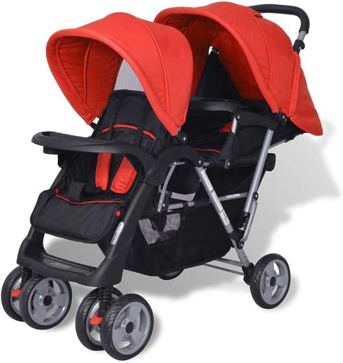 Geschwisterwagen Zwillingswagen Tandem Kinderwagen Zusammenklappbar, Großer Staukorb, Schutz vor Sonnenlicht und UV-Strahlen, Stahl Rot und Schwarz