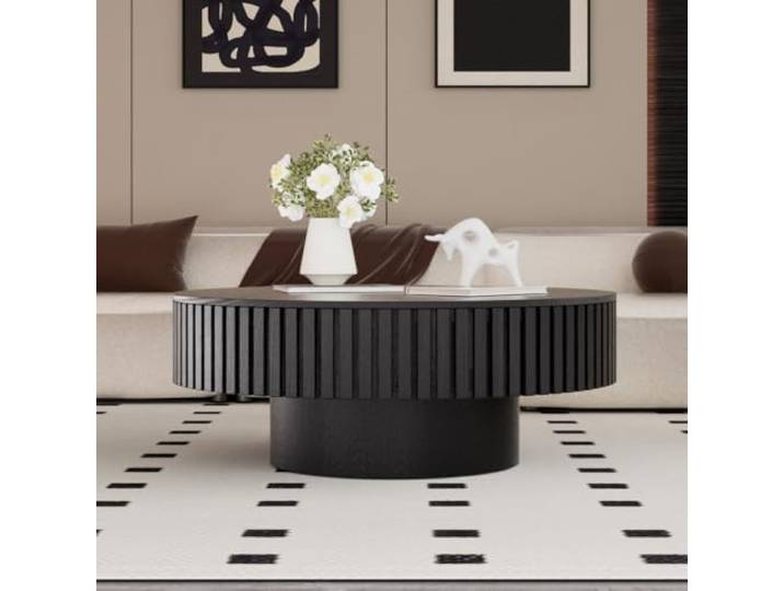 FeiZhiYanS Runder Couchtisch mit geriffelter Trommelform Einzigartiges Design, Moderner minimalistischer Beistelltisch, Furniertes Holz, Für das Wohnzimmer