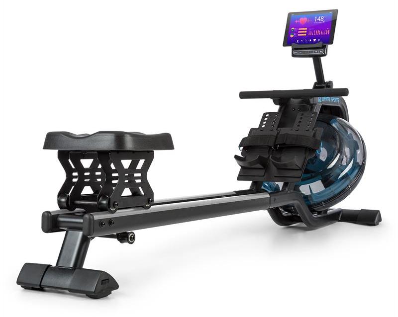 Capital Sports Flow Rudergerät - Wasserrudergerät mit 80 cm Gleitbahn, Rudergerät Wasser Widerstand: 6 Stufen / max. 14 Liter mit Trainingscomputer, schwarz/silber