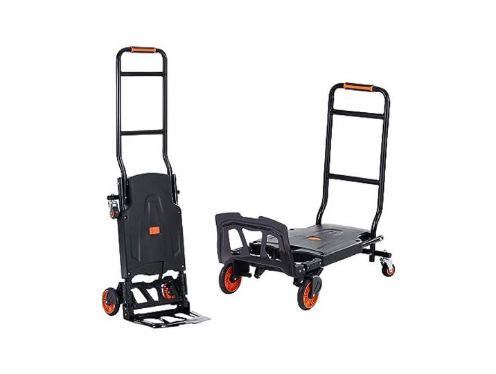 VEVOR Diable Pliant en Métal 2-en-1 Diable Chariot de Déménagement de Manutention Charge 136 kg Diable Convertible en Chariot à Plate-Forme Roues Caoutchouc pour Transport Entrepôt Marchandises
