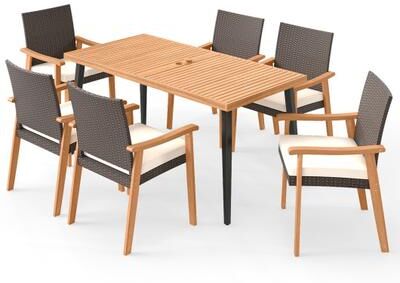 Costway 7-Pieces Patio Dining Table Set Acacia Wood Table and 6 Armchairs