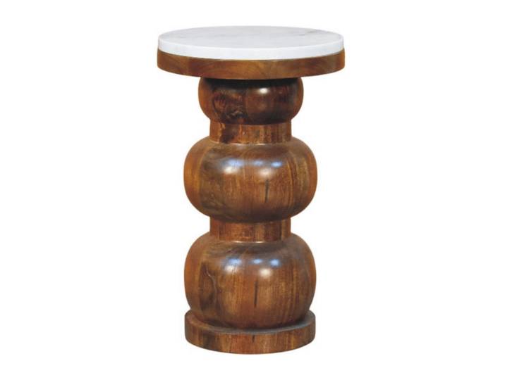 Artisan Furniture Beistelltisch mit Amber-Eichen-Finish, Marmorplatte oben, poliertes Braun, Holz, Echtholz,Mangoholz, Rund, 27x45x27 cm, Wohnzimmer, Wohnzimmertische, Beistelltisch