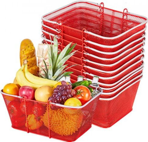 VEVOR Boodschappenmand Set van 12 stuks, 22 L, Stapelbare metalen draagmand met handgrepen, Rood