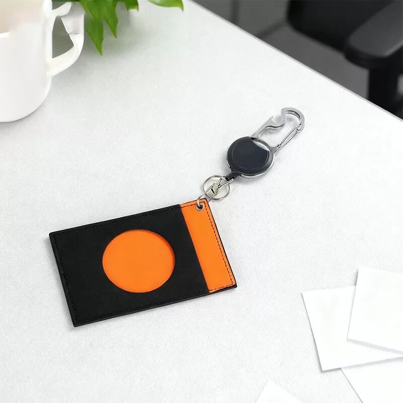 INF Einziehbarer Ausweishalter mit PU-Leder Kartenetui und Karabinerclip - Orange