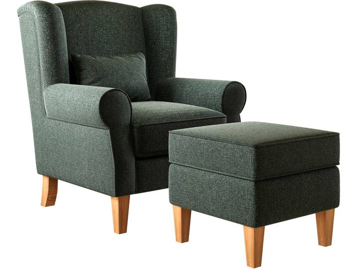 Willy Ohrensessel + Hocker, Material Stoff, Dunkelgrün