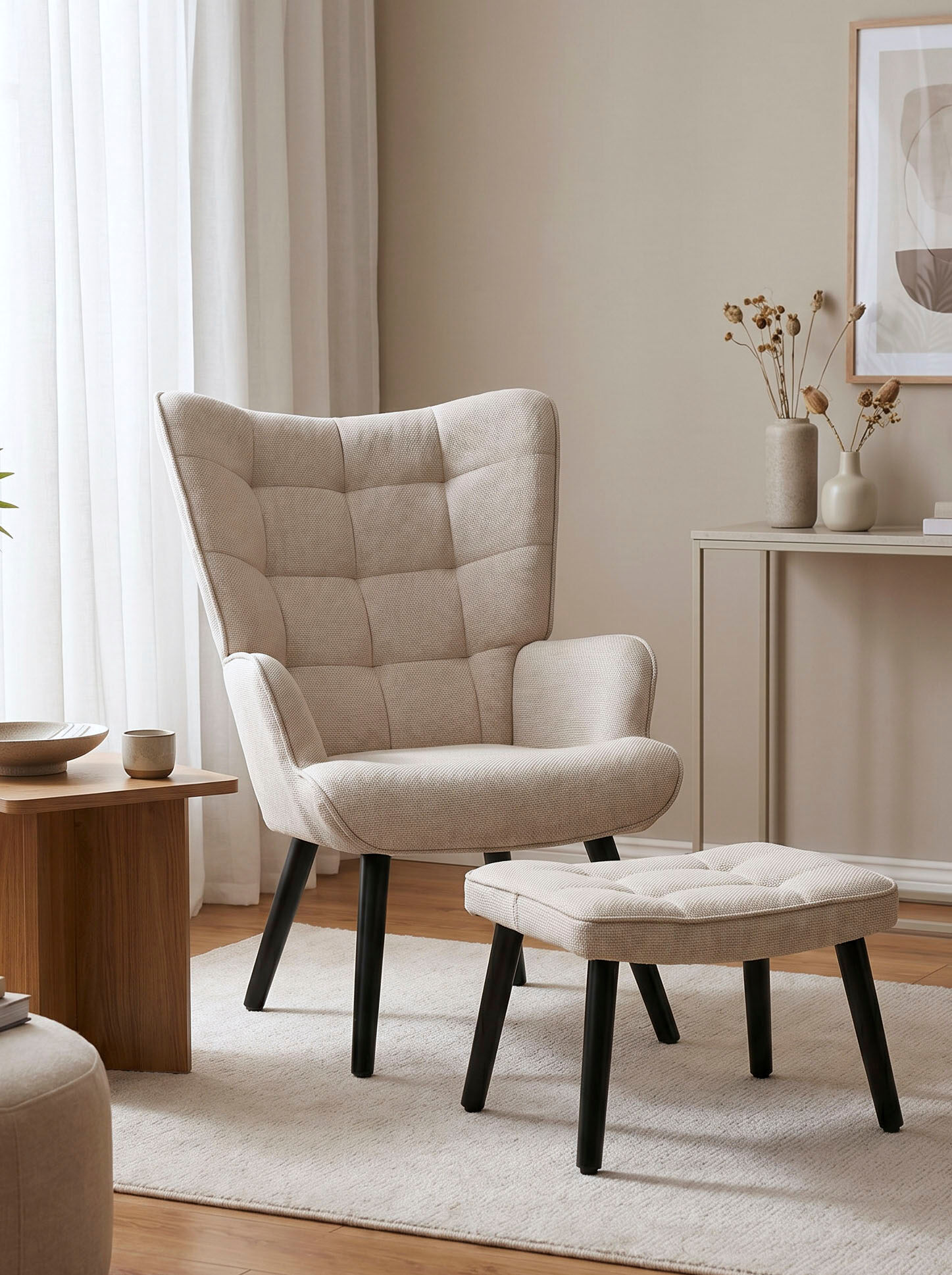 Loungesessel HELA "PAROS", beige, B:68cm H:97cm T:75cm, Webstoff;Polyester, Sessel, Loungesessel, Sessel mit Hocker;Loungesessel;4-Fuß Massiv;Webstoff;Armlehnen