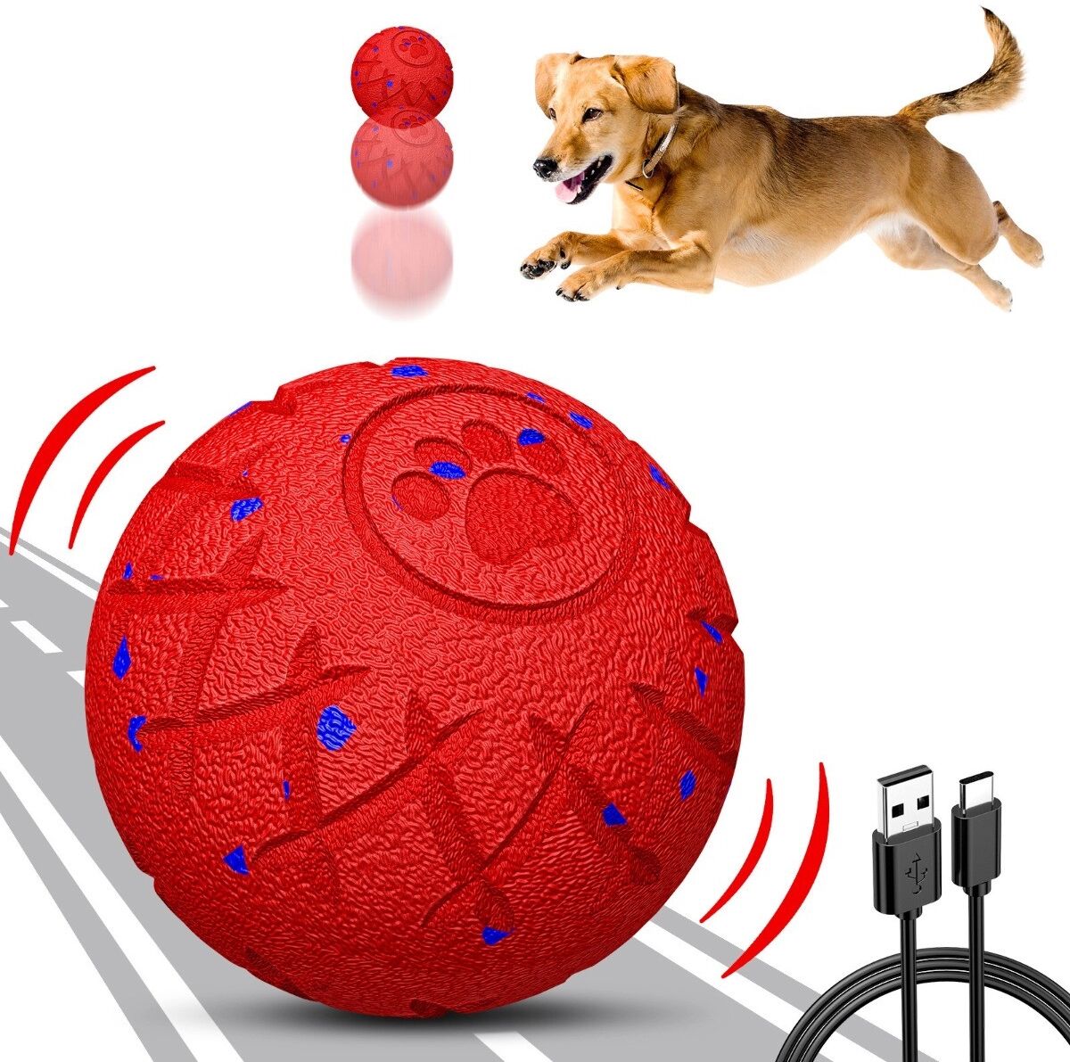 INF Intelligenter interaktiver Hundeball mit Schlafmodus, Type-C-Akku sowie kratz- und bissbeständiger TPU-Ausführung Rot