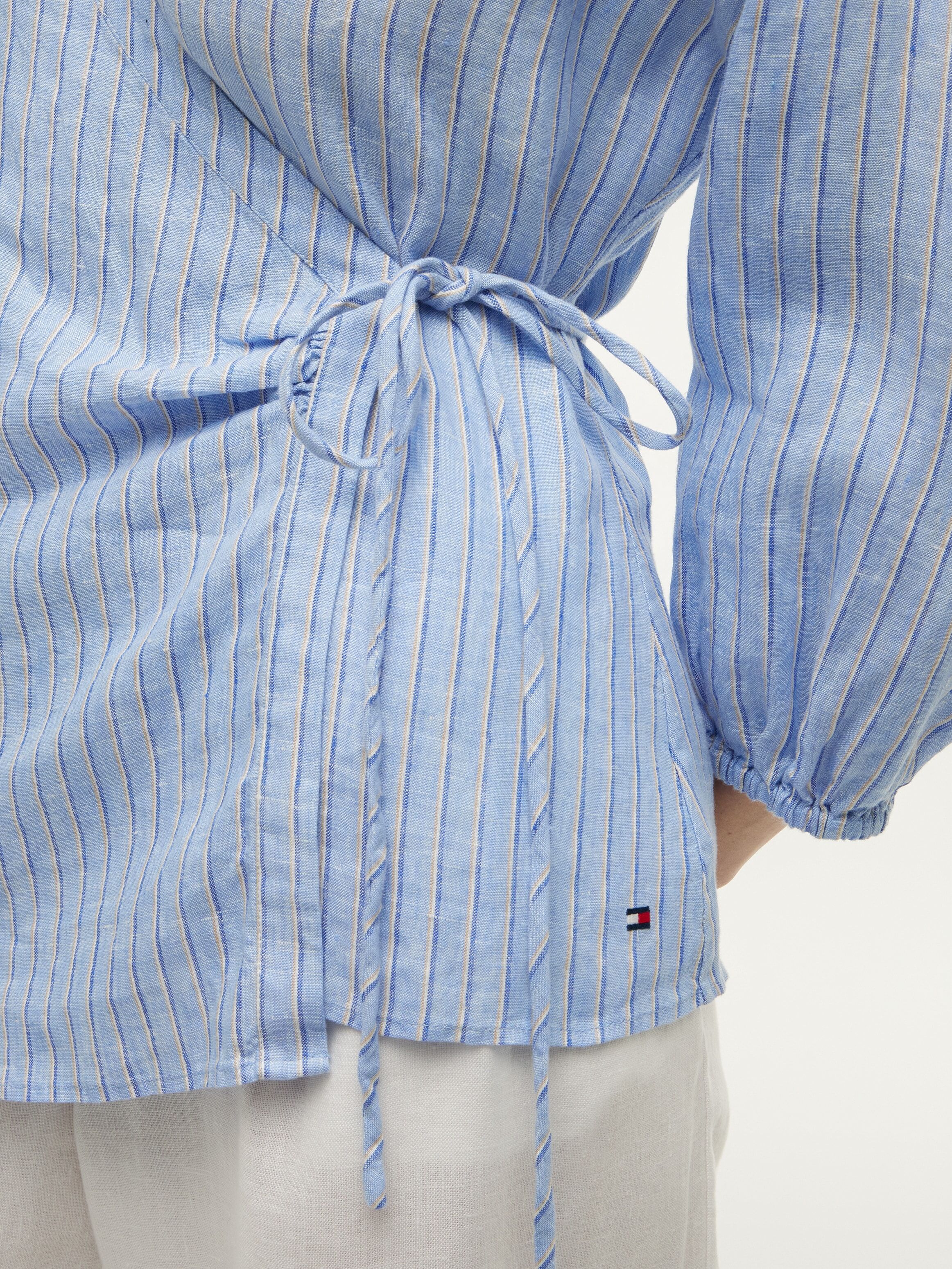 Wickelbluse TOMMY HILFIGER "SUMMER LINEN WRAP TIE BLOUSE", Damen, Gr. 36, blau (blau khaki stripe), Web, Obermaterial: 100% Leinen, gestreift, normal, V-Ausschnitt, Blusen Wickelbluse, Leinen blau khaki stripe 36