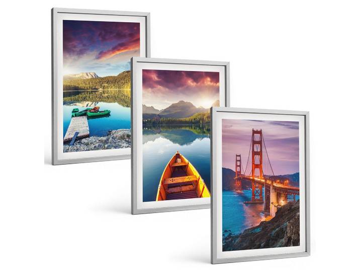BILDER SET 3er Set - 40x60 cm Silberner Rahmen - Bergblick auf den See und die Brücken