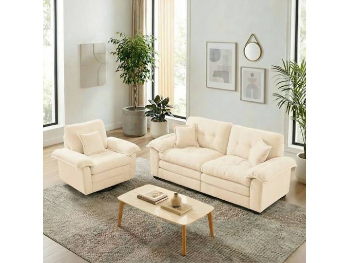 COVREO Ensemble canapé 3 places beige canapé 2 places et fauteuil pivotant en chenille